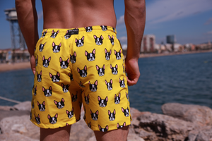 Pantaloneta de baño amarilla para hombre con diseño de boston terrier o bulldog frances