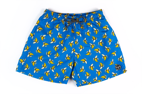 Pantaloneta de baño azul para hombre con diseño de bananas