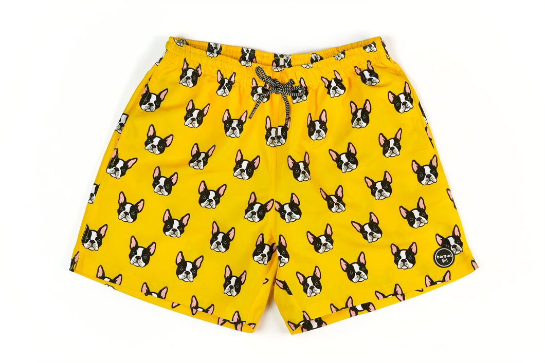 Pantaloneta de baño amarilla para hombre con diseño de boston terrier o bulldog frances
